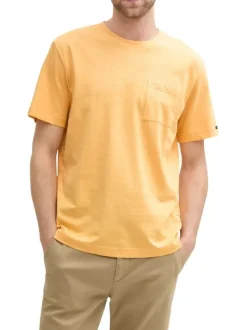 T-shirt en coton orange rayé à col rond avec une petite poche à la poitrine