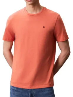 T-shirt en coton orange uni avec le logo brodé en petit et à col rond