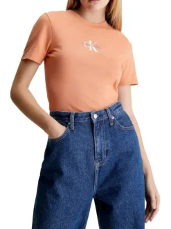 T-shirt en coton orange uni avec une coupe droite et un col rond