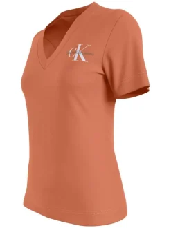 T-shirt en coton orange uni avec une coupe droite et un col v en bord côte