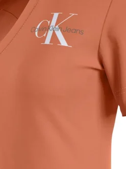 T-shirt en coton orange uni avec une coupe droite et un col v en bord côte