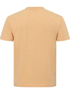 T-shirt en coton pêche avec des écritures imprimées à l'avant et un col rond