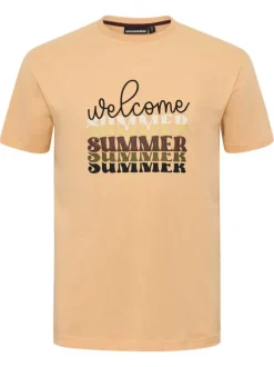 T-shirt en coton pêche avec des écritures imprimées à l'avant et un col rond