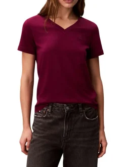 T-shirt en coton prune uni avec une coupe droite et un col V