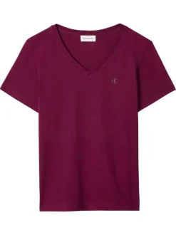 T-shirt en coton prune uni avec une coupe droite et un col V