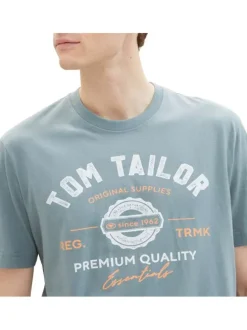 T-shirt en coton pétrole uni coupe droite avec un col rond et nom floqué