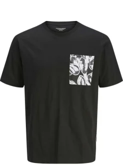 T-shirt en coton regular noir à imprimé floral avec col rond et manches courtes