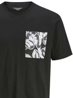 T-shirt en coton regular noir à imprimé floral avec col rond et manches courtes