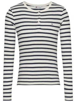 T-shirt en coton régénératif blanc rayé ajusté à col rond à boutons
