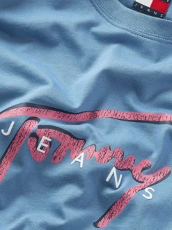 T-shirt en coton régénératif bleu à imprimé signature, coupe droite et col rond