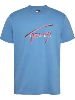 T-shirt en coton régénératif bleu à imprimé signature, coupe droite et col rond