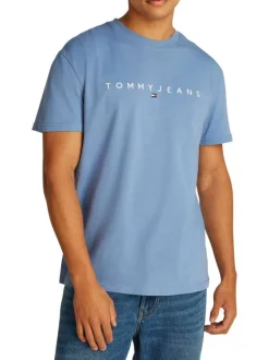 T-shirt en coton régénératif bleu uni à coupe droite, col rond avec marque