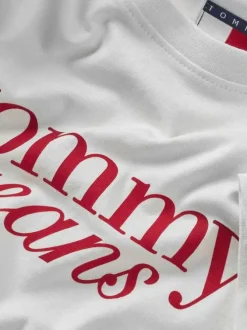 T-shirt en coton régénératif écru à imprimé rouge avec coupe droite et col rond