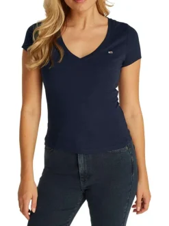 T-shirt en coton régénératif marine uni ajusté avec un col v et logo