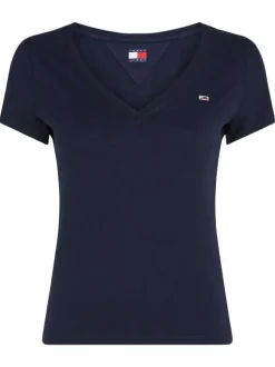 T-shirt en coton régénératif marine uni ajusté avec un col v et logo