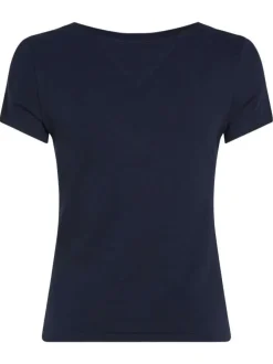 T-shirt en coton régénératif marine uni ajusté avec un col v et logo