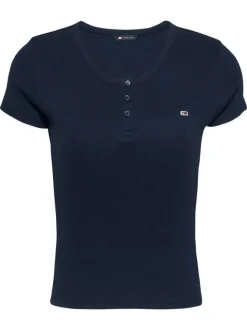 T-shirt en coton régénératif marine uni ajusté à col rond à boutons