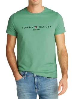 T-shirt en coton régénératif vert à imprimé avec une coupe droite et col rond