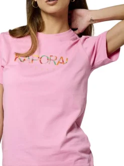 T-shirt en coton rose avec le nom de la marque imprimé à l'avant et à col rond