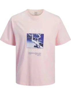 T-shirt en coton rose à coupe droite pourvu d'un col rond côtelé