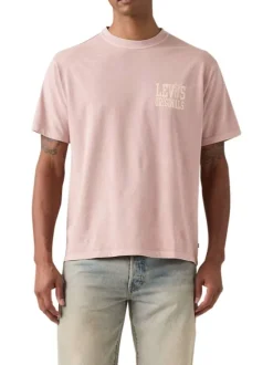 T-shirt en coton rose à coupe droite pourvu d'un col rond côtelé