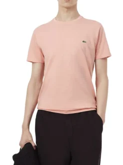 T-shirt en coton rose à coupe droite pourvu d'un col rond côtelé
