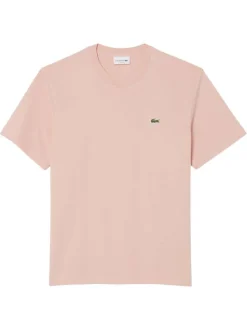 T-shirt en coton rose à coupe droite pourvu d'un col rond côtelé