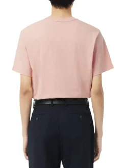 T-shirt en coton rose à coupe droite pourvu d'un col rond côtelé