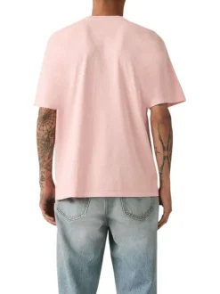 T-shirt en coton rose imprimé à coupe droite pourvu d'un col rond