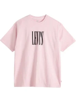 T-shirt en coton rose imprimé à coupe droite pourvu d'un col rond