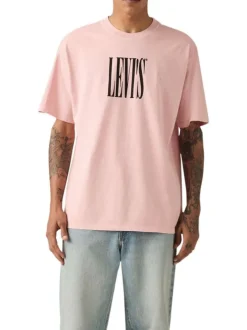 T-shirt en coton rose imprimé à coupe droite pourvu d'un col rond