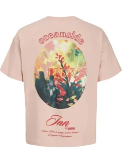 T-shirt en coton rose imprimé à coupe droite pourvu d'un col rond