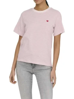 T-shirt en coton rose à rayures avec une coupe droite et un col rond