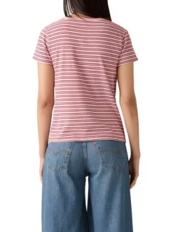 T-shirt en coton rose à rayures horizontales avec une coupe droite et un col v