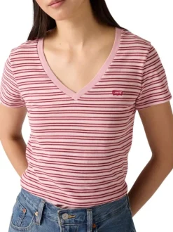T-shirt en coton rose à rayures horizontales avec une coupe droite et un col v