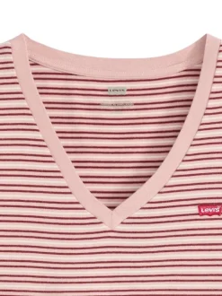 T-shirt en coton rose à rayures horizontales avec une coupe droite et un col v