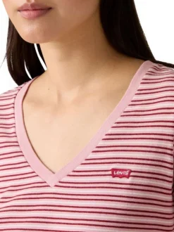 T-shirt en coton rose à rayures horizontales avec une coupe droite et un col v