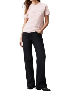 T-shirt en coton rose uni avec une coupe droite à col rond et logo iconique