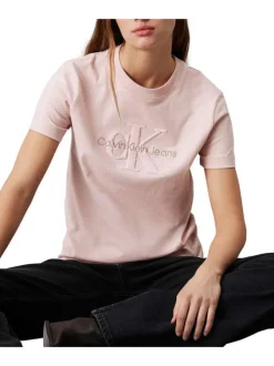 T-shirt en coton rose uni avec une coupe droite à col rond et logo iconique
