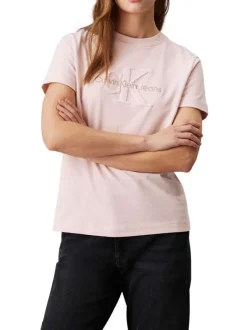 T-shirt en coton rose uni avec une coupe droite à col rond et logo iconique