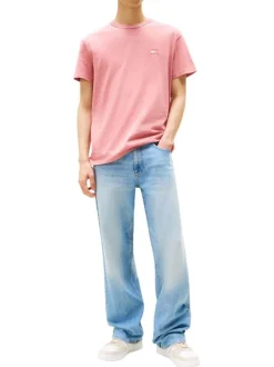 T-shirt en coton rose uni avec une coupe droite et un col rond