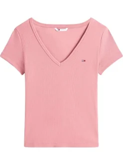 T-shirt en coton rose uni avec une coupe droite et un col v