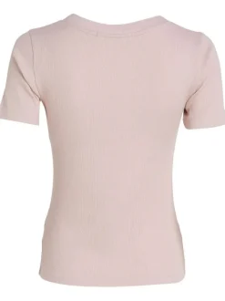 T-shirt en coton rose uni avec une coupe droite un col v et logo à l'avant