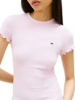 T-shirt en coton rose uni avec une coupe moulante et un col rond
