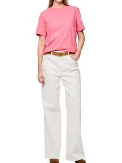 T-shirt en coton rose uni basic à col rond avec une coupe droite