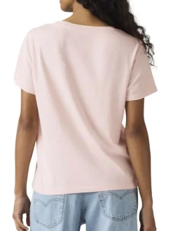 T-shirt en coton rose uni à coupe ajustée pourvu d'un col v côtelé