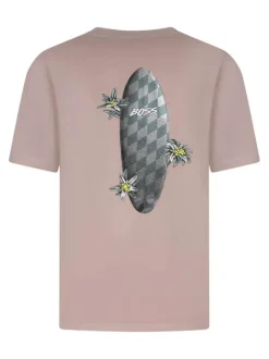 T-shirt en coton rose uni pourvu d'une coupe droite et d'un col rond