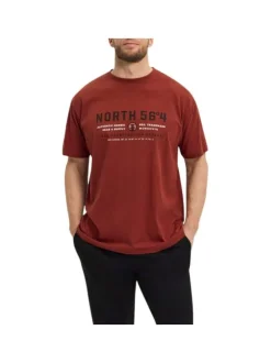 T-shirt en coton rouge brique chiné avec un imprimé et un col rond