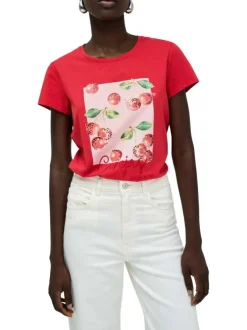 T-shirt en coton rouge chiné et imprimé à l'avant avec des strass et un col rond