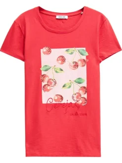 T-shirt en coton rouge chiné et imprimé à l'avant avec des strass et un col rond